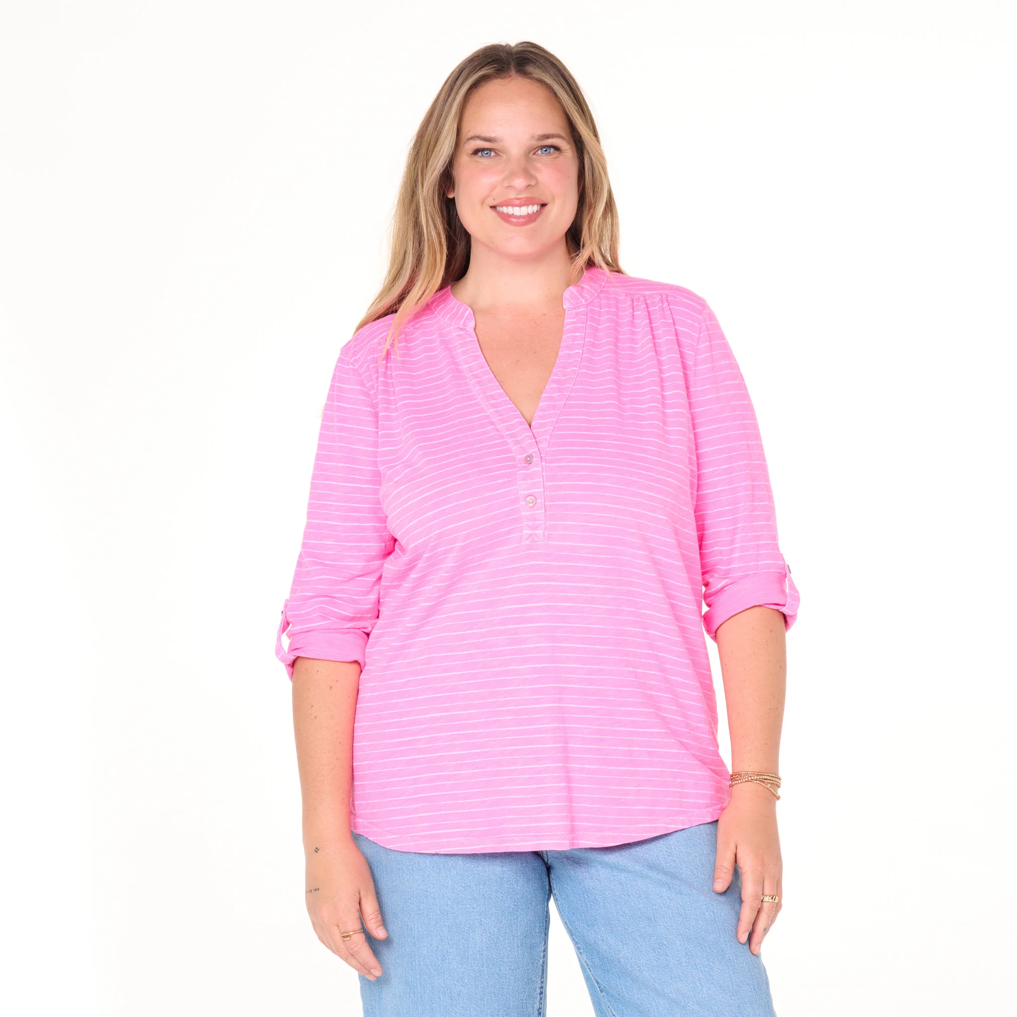 Ocean Stripe Buttonside Henley | Plus Size - Image 5