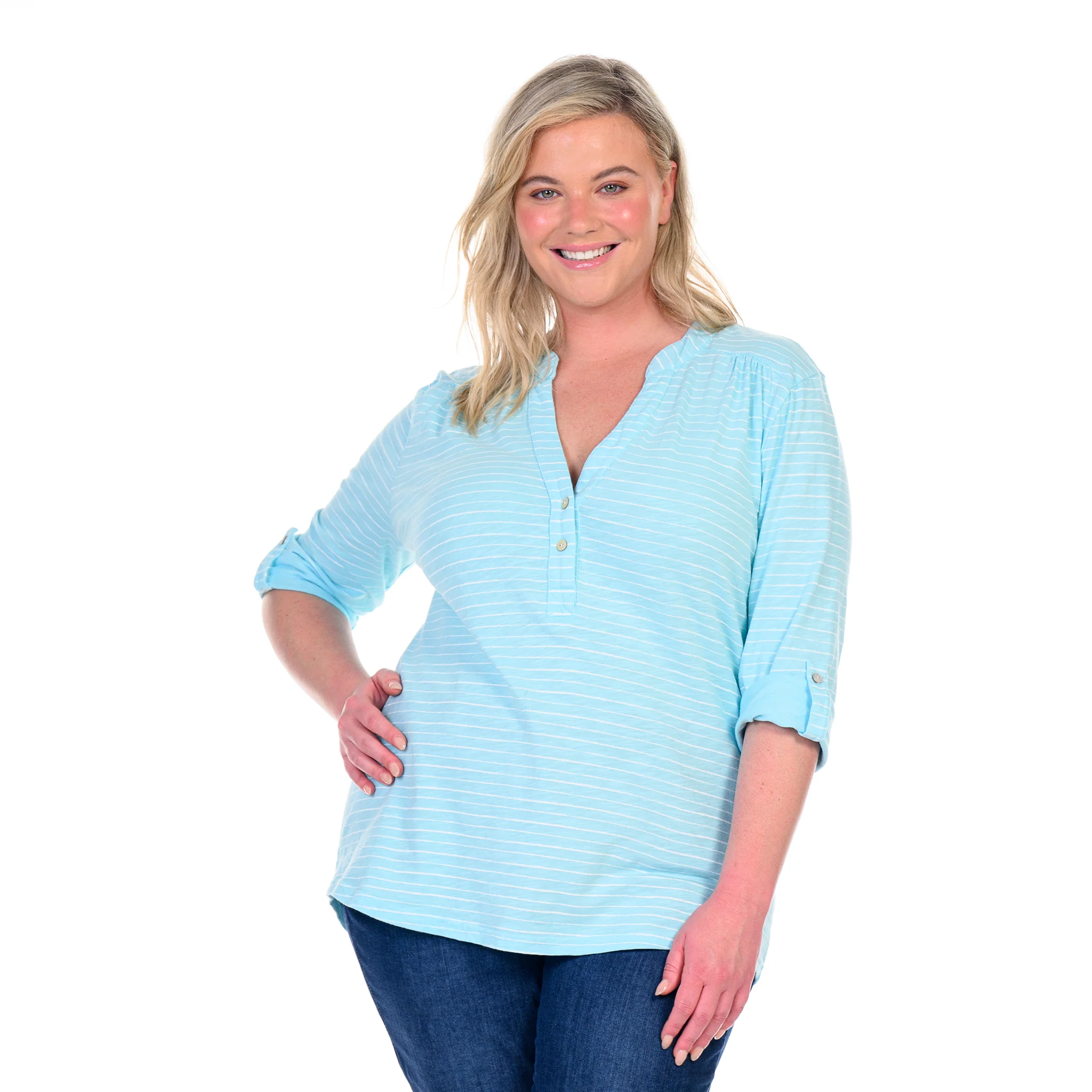 Ocean Stripe Buttonside Henley | Plus Size - Image 7