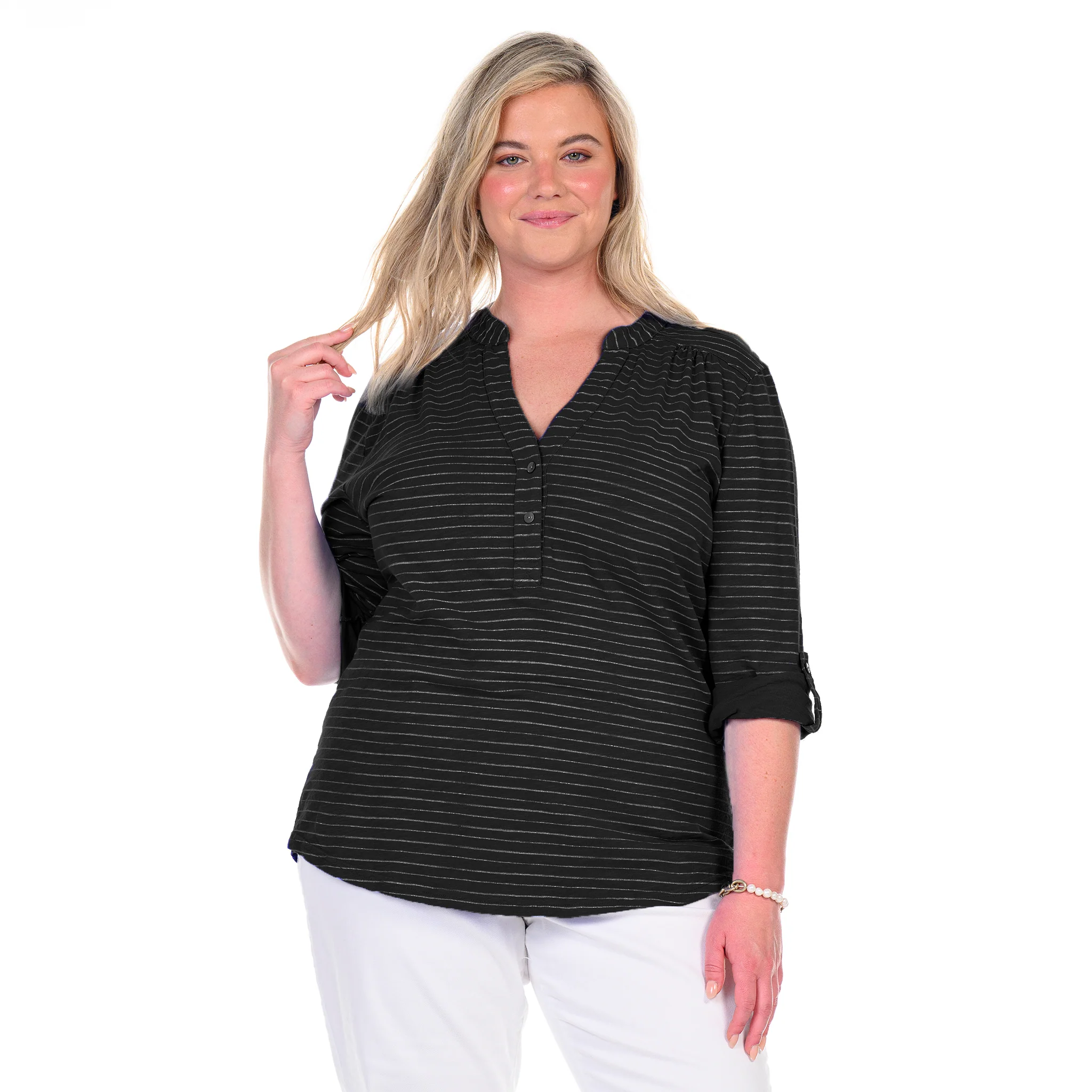 Ocean Stripe Buttonside Henley | Plus Size - Image 8