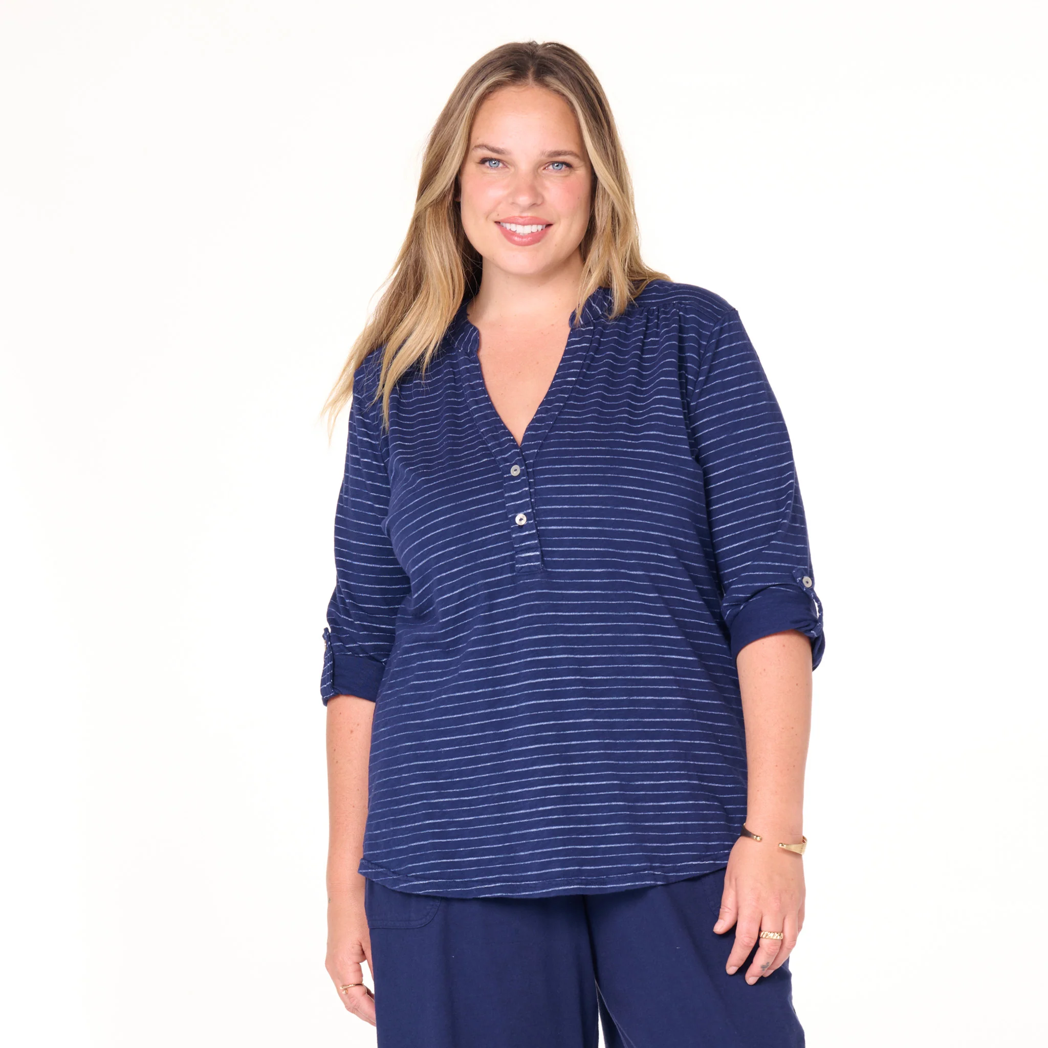 Ocean Stripe Buttonside Henley | Plus Size - Image 9